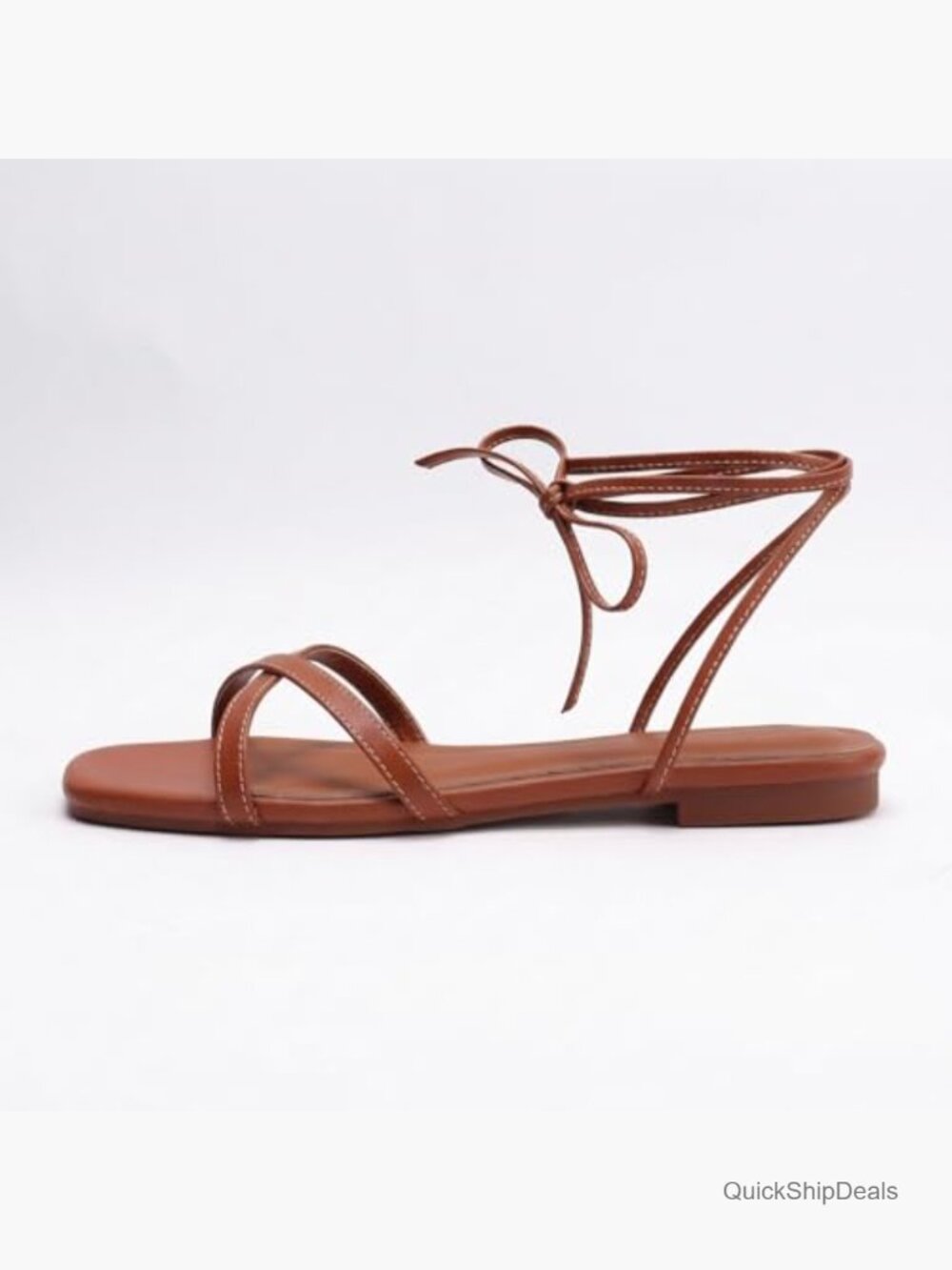Leather Strappy Flat Sandals Square Toe Lace Up Slides - Picture 5 of 7